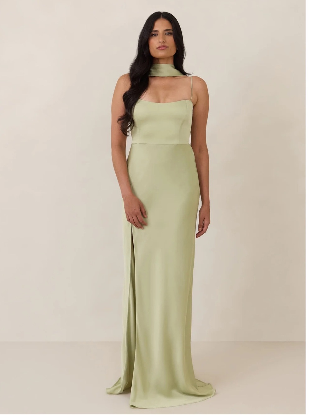 Park & Fifth Light Sage Green Satin Maxi Dress with Choker